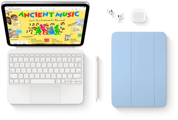 Egy iPad, amely Magic Keyboard Folióhoz, Apple Pencilhez, AirPodshoz és Smart Folióhoz van csatlakoztatva
