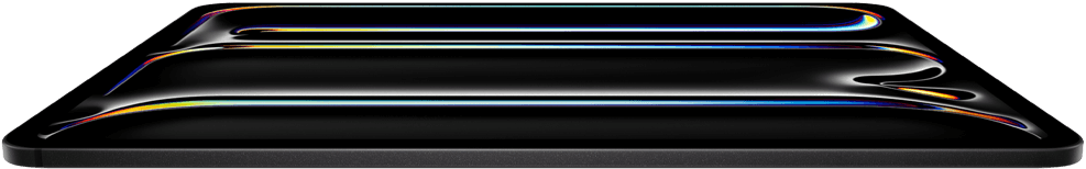 Asztrofekete iPad Pro elölnézetből, hátradöntve, alumíniumból és üvegből készült házzal, vékony profillal, a kijelzőn
többféle színt használó vonalrajzzal
