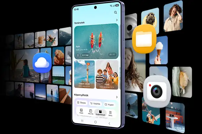 Galaxy S26 Ultra kijelzőjén a Galéria alkalmazás látható, körülötte lebegő fotókkal és ikonokkal.