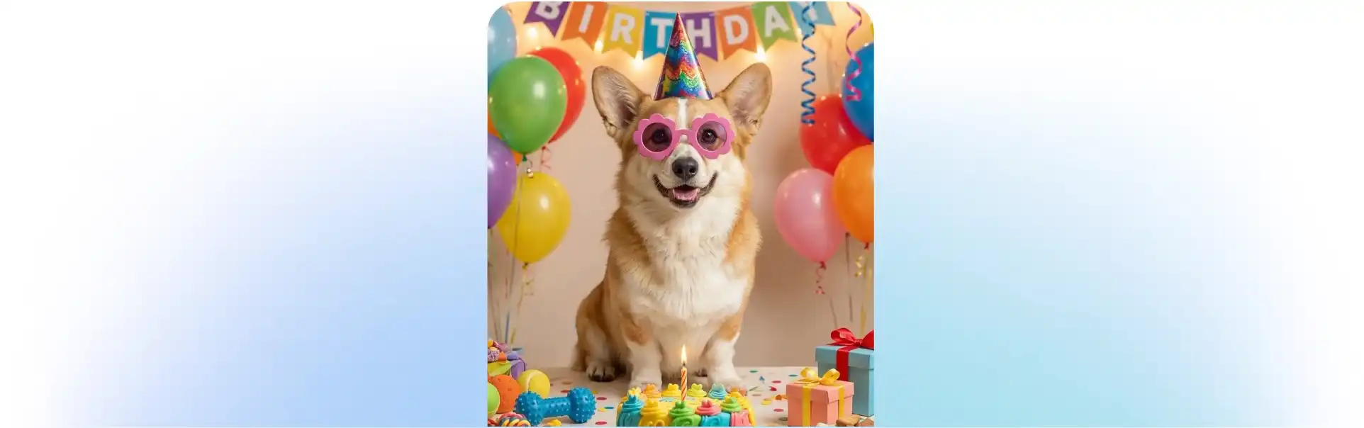 Születésnapi kalapot és szemüveget viselő corgi színes lufik között, generált képként.