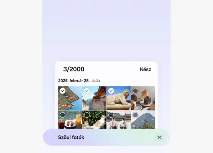 Fotóválogató felület kiválasztott szöuli képekkel és generálás gombbal.