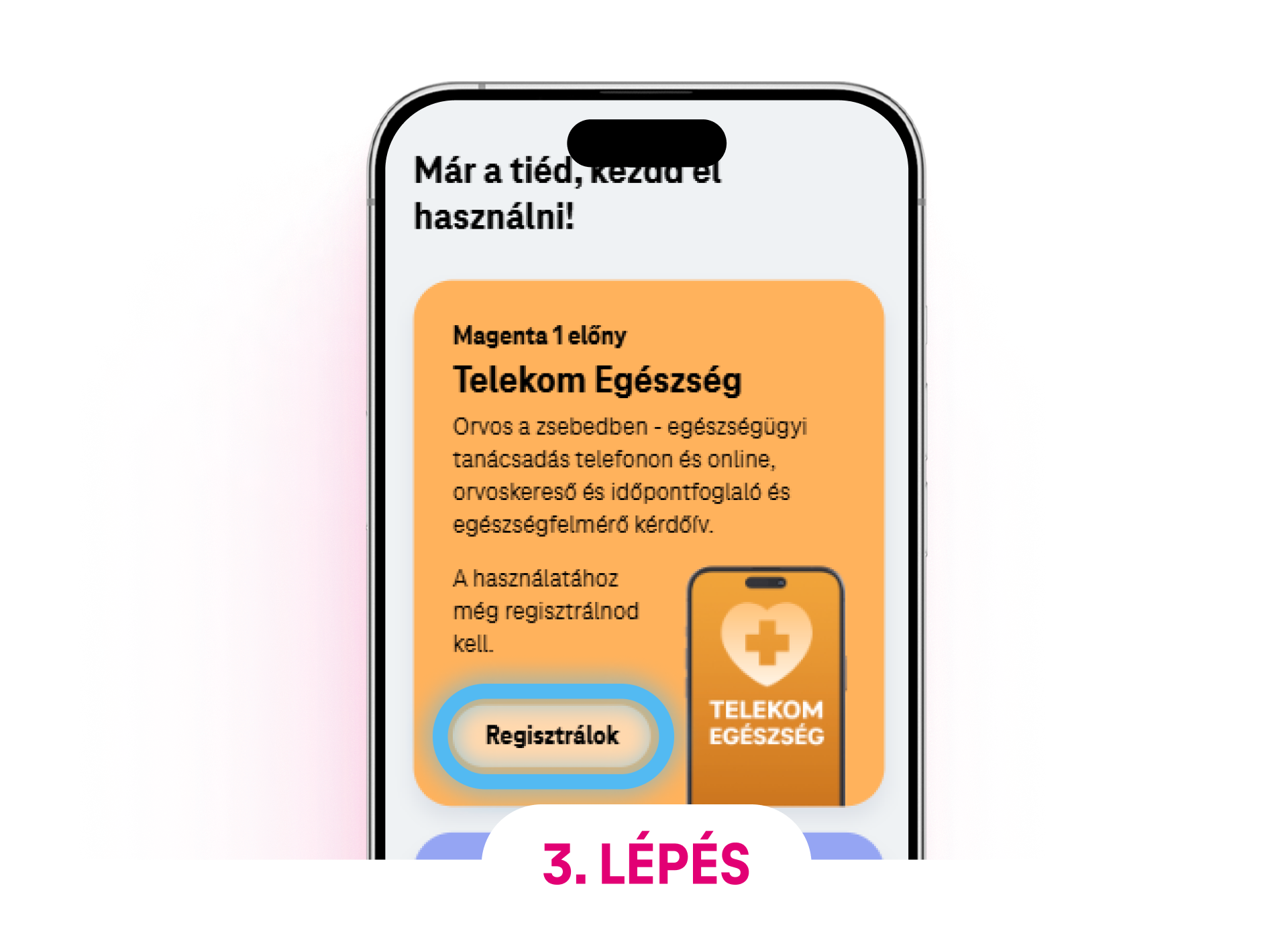 Telekom Egészség regisztrációs felület, ahol a felhasználó a Regisztrálok gombra kattinthat.