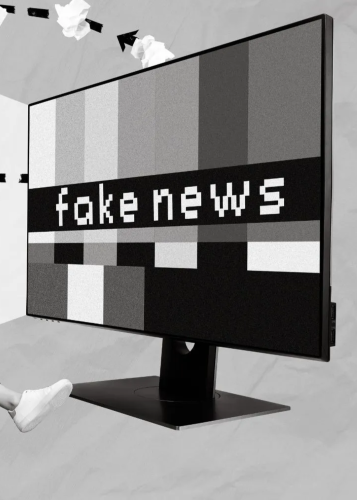 Egy fekete-fehér monitoron klasszikus "nincs jel" mintázat látható, középen nagy, pixeles betűkkel a "fake news" felirat olvasható. A monitor mellett egy láb és a háttérben gyűrött papírgalacsinok és nyilak. Fake news, hamis hírek, média, dezinformáció, d