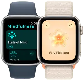 Két Apple Watch SE-modell. Az egyiken a Tudatosság app képernyője látszik, kiemelt helyen a Lelkiállapot mezővel. A másikon       a „Nagyon kellemes” lelkiállapot van kiválasztva.