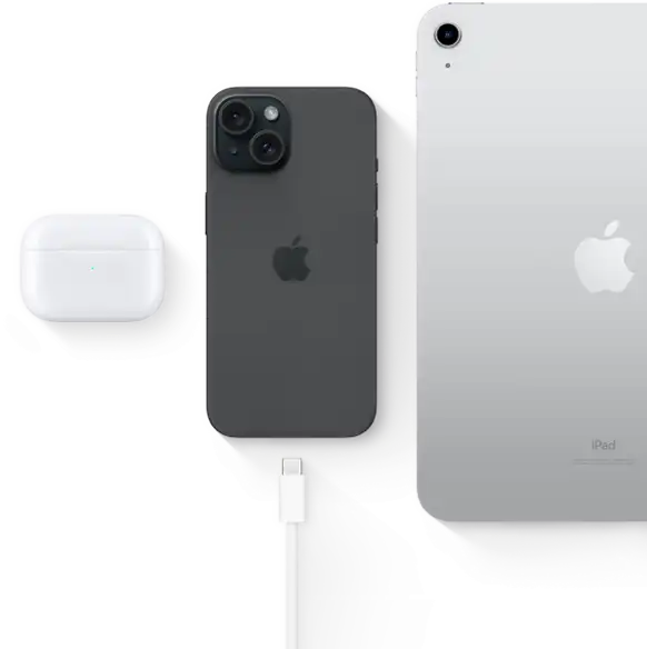 Az
      USB-C csatlakozós iPhone 15-öt tartalmazó kép azt szemlélteti, hogy a telefonhoz használt kábel AirPods Próhoz és iPadhez
      is használható.